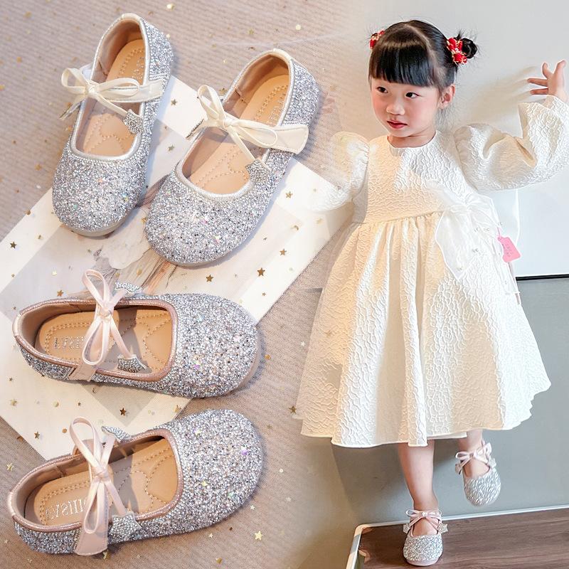 Girls' Sparkling Princess Shoes for Performances2026Spring and summer star rhinestone bow small leather shoes