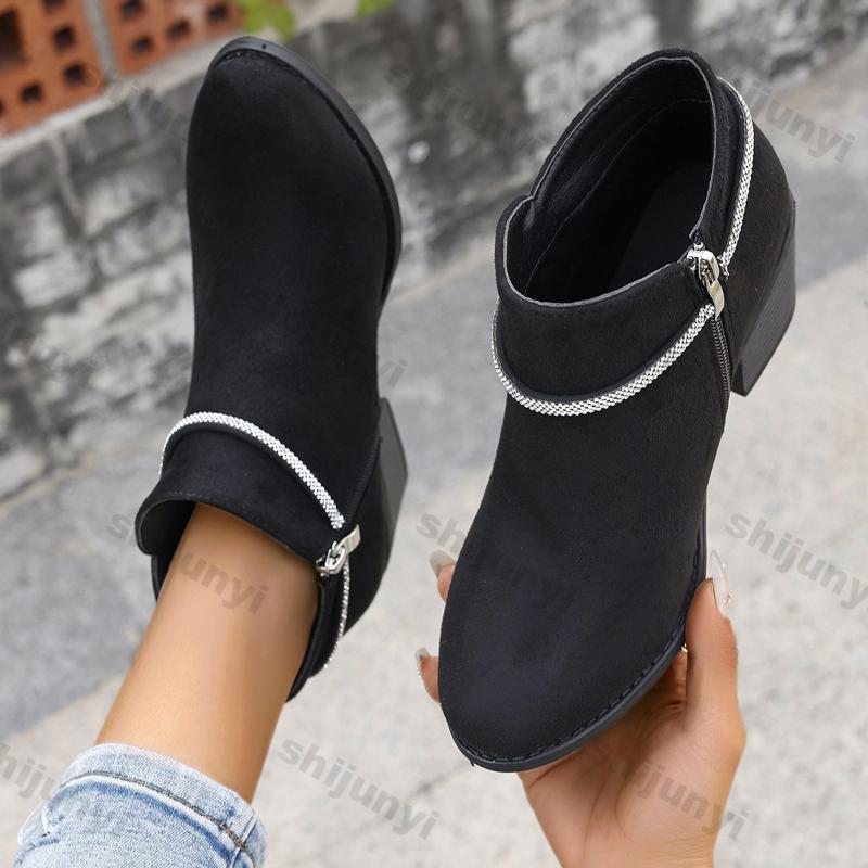 Chunky Western Boots for Women Retro Pointed Toe Thick Heeled Ankle Boots Woman Autumn Winter PU Leather Booties