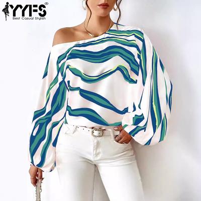 Damen Mode Lässig Frühling Herbst Farbblock Druck Langarm Schräger Kragen Blusen & Hemden