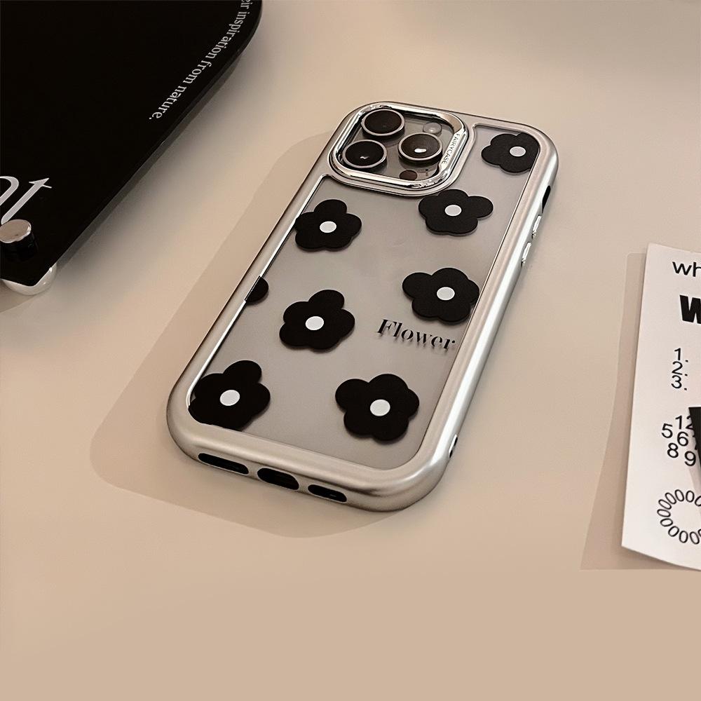 Black Flowers iPhone15Mobile Phone Shell for iphone14Acrylic13Suitable for Electroplating16promax Korean-style Simplicity