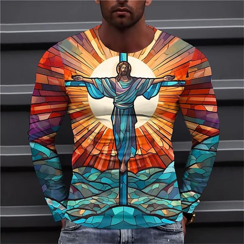 Spring and Autumn 3D Printing Virgin Mary Men's T-shirts Christian Round neck Long Sleeved Casual Tops