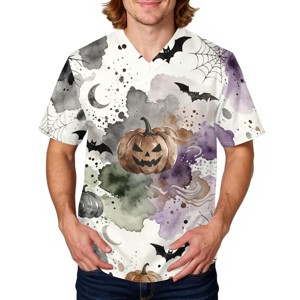 Men's Halloween Print Medical Scrub Top V Neck Pocket Comfortable Fit Daily Workwear for Healthcare Professionals