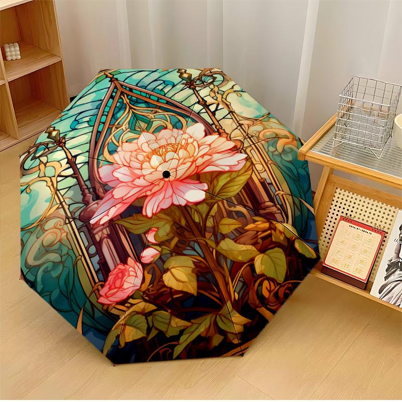 

Romantic Rose with Hearts Theme Automatic Umbrella Compact 8-Rib Design Sturdy Construction Durable Umbrella Stylish Accessory