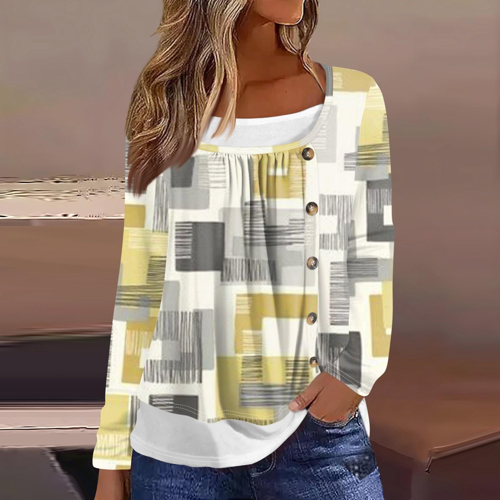 

Женская футболка с принтом, длинный рукав, поддельные две части, повседневная мода на выходные, базовый обычный топ XL жёлтый