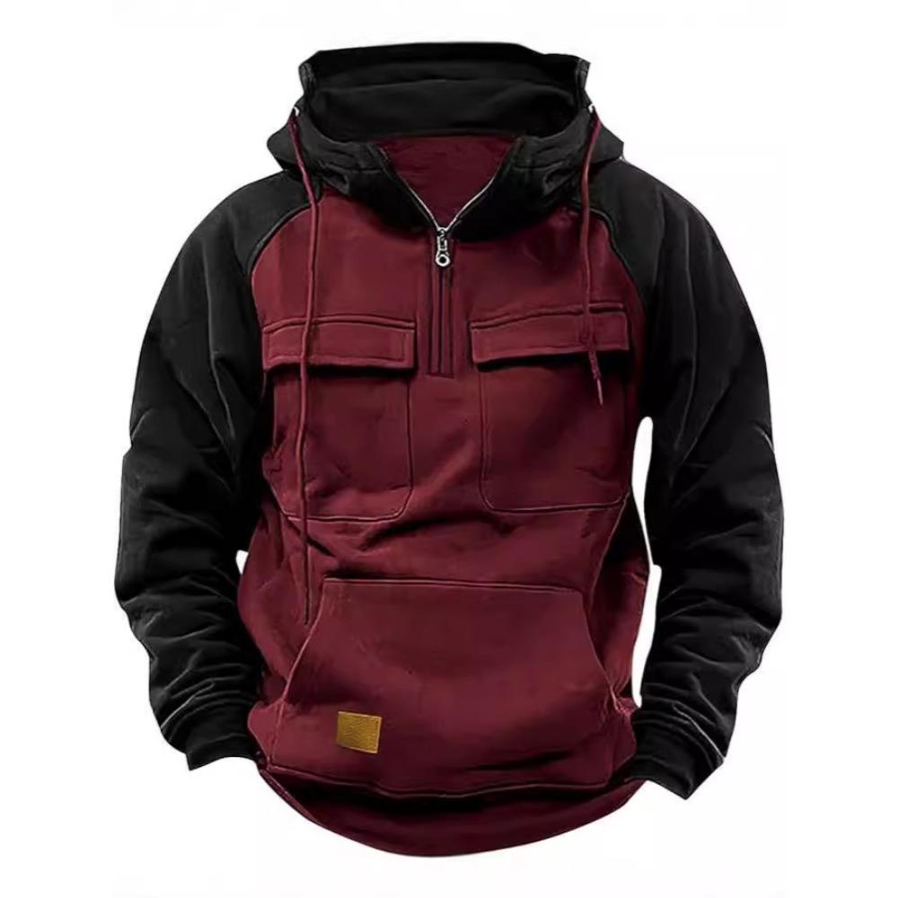 New Men's Off-the-Shoulder Half-Zip Hoodie: Workwear-Inspired Sportswear with Multiple Pockets