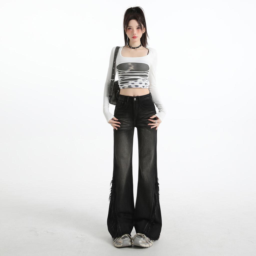 Jeans negros americanos de micro-tiro para mujer, nuevo diseño de borde crudo de primavera, cintura alta sin campana