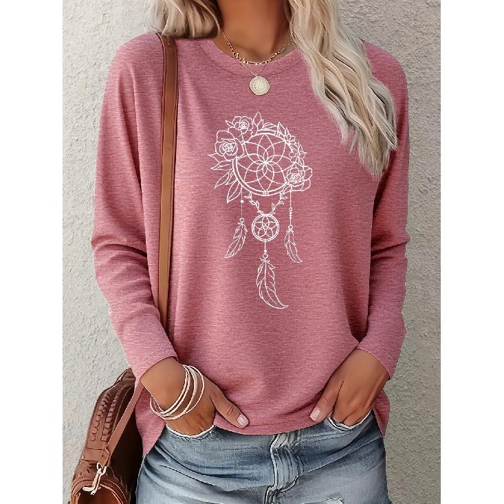 Floral Dreamcatcher Pattern Women's Casual Printed Elegant Long Sleeve fashion vintage beautiful party women's clothing A cute round-neck top,