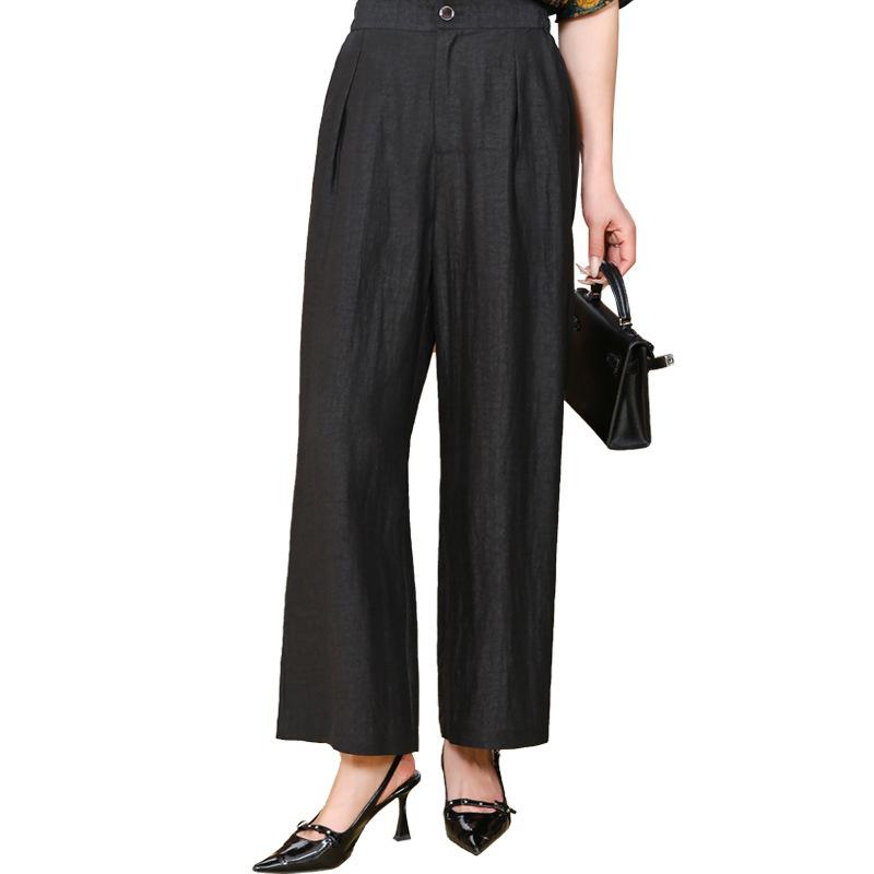 Heavy silk black turtle crack fragrant cloud yarn wide-leg pants women's summer straight-leg pants mulberry silk middle-aged and elderly pants