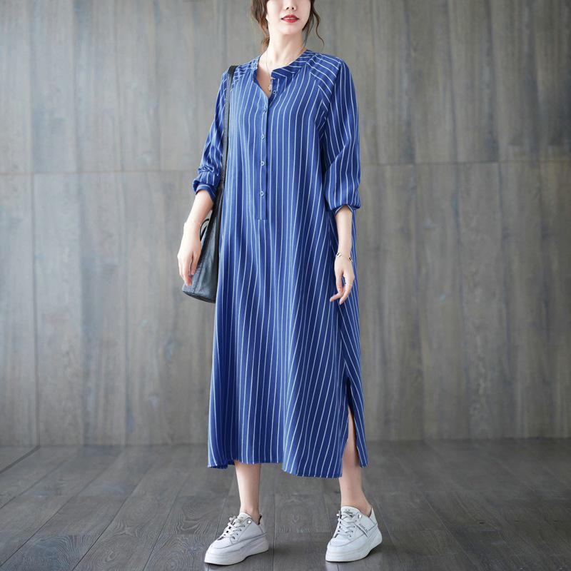 Frühling/Sommer 2023 Damen Übergröße Gestreiftes Lässiges Langes Kleid - Literarischer Stil, Lockere Passform, Schlankmachender Effekt