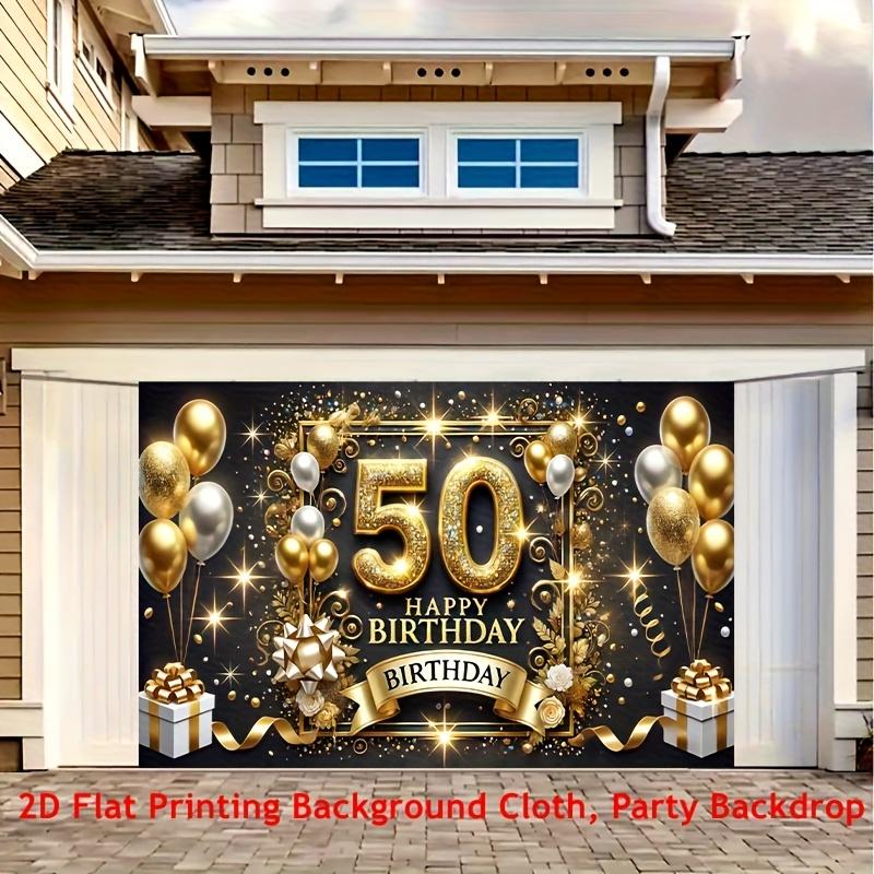 2D flach 1 Stück 50. Geburtstag Party Banner - goldener und schwarzer Polyester Hintergrund Geschenke und glitzernde Dekorationen