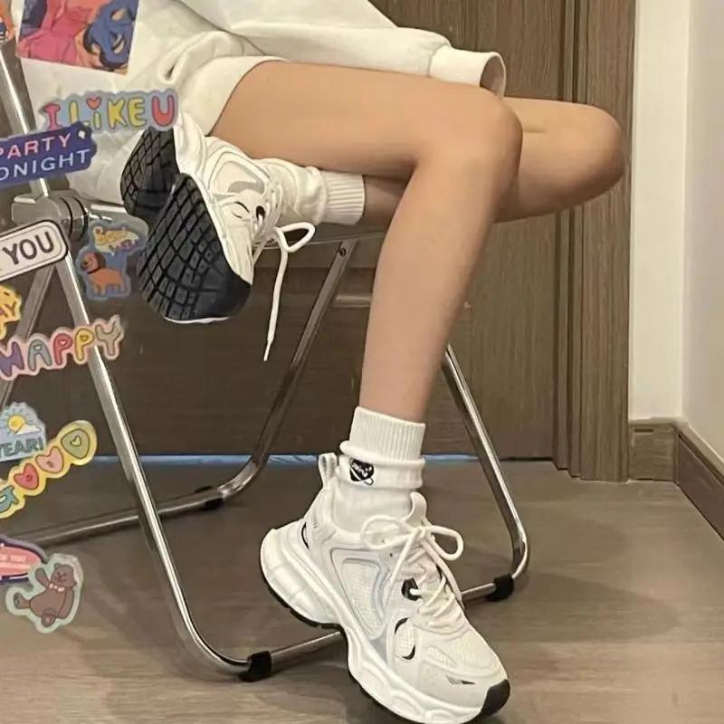 Outdoor Leather+Mesh Breathable Chunky Jogging Sneakers Summer Women Platform Flat Shoes Woman White Casual Walking Trainers