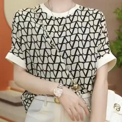 Fashion Commute Summer New Women's Spliced Screw Thread Geometric Printed Round Neck Loose Short Sleeve Pullover T-shirts Tops