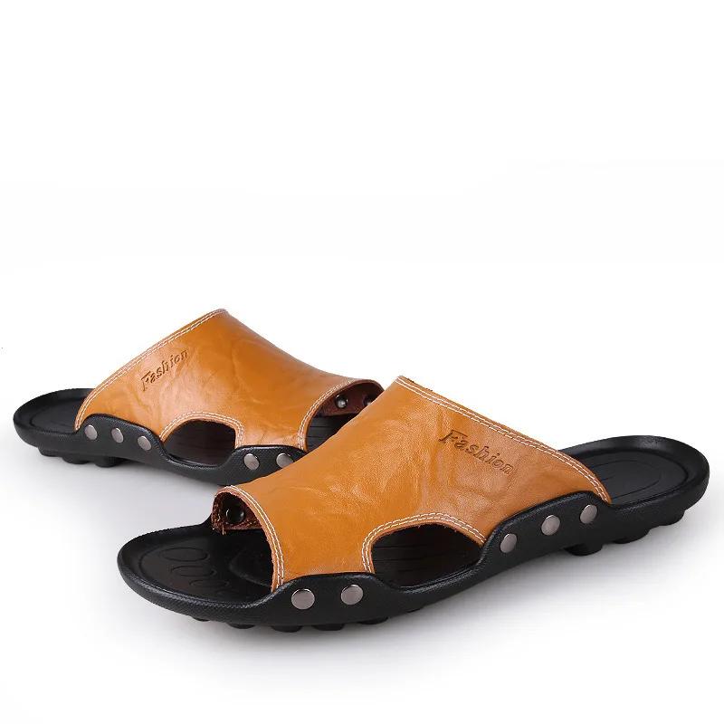 Fashion Big Size Men Slippers Summer Fashion Genuine Leather Casual Slides Street Fashion Beach Shoes Black Cow Leather Sandals