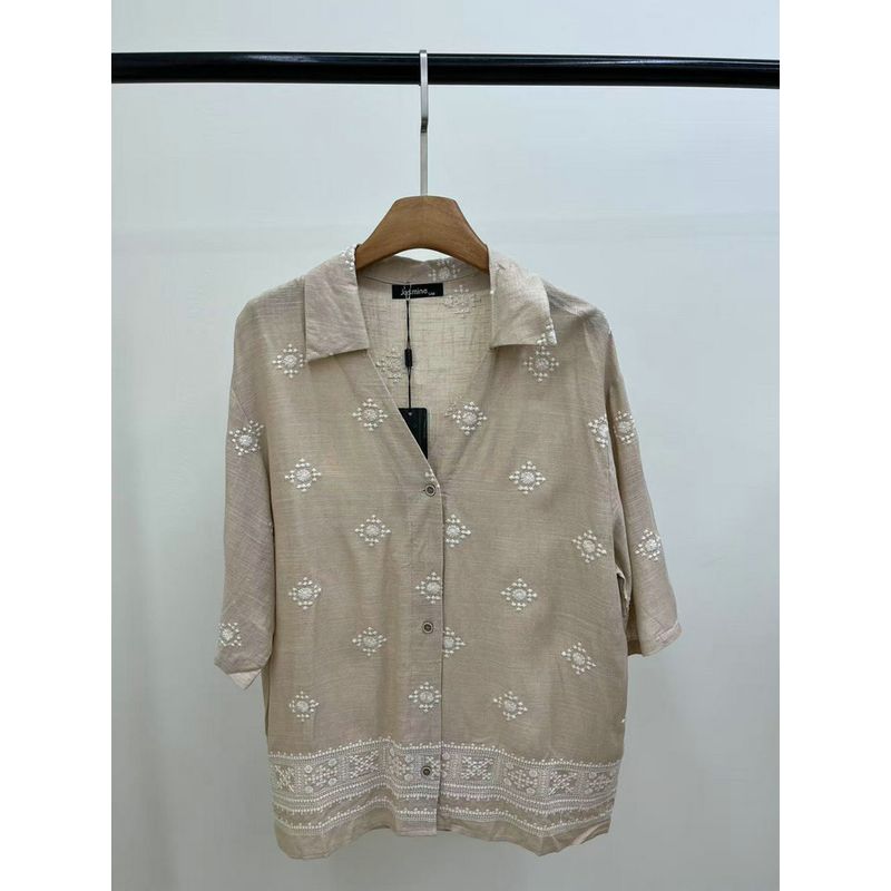 Foreign Trade Original Garment Jasmine Comfort and Fashion Coexist Artistic Sense Print Pattern Loose Profile Cotton and Linen Shirts