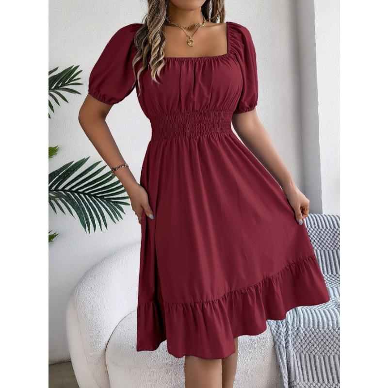 Summer Short Sleeve Square Collar Women Dress New Fashion Elegant Loose Casual Casual A-line Party Dresses Pleated Female Office Ruffled Clothing