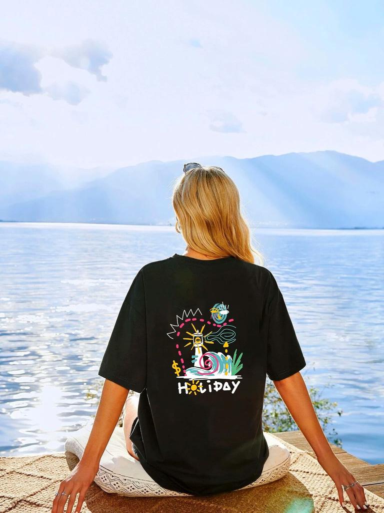 Happy Holiday Train Unisexga Graphic Streetwear T-shirts Women Summer Cotton High Street Tops Short Sleeve Casual Unisex Tshirts