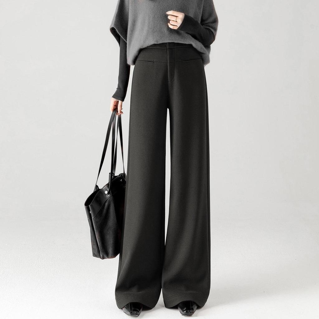 Elegant High-Waisted Wool Wide-Leg Pants for Women - Winter 2025 Style, Thickened A-Line, Casual and Loose Fit