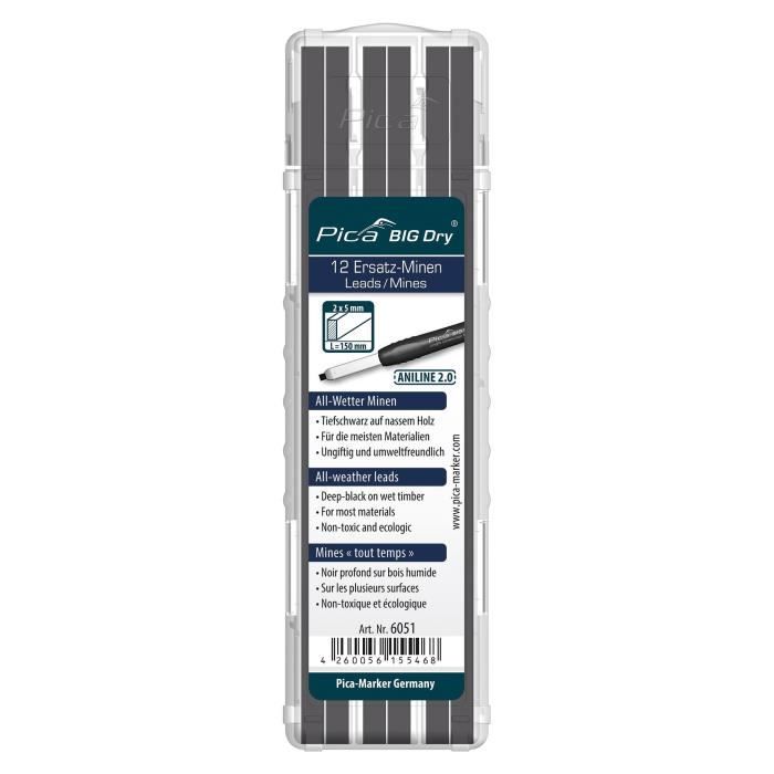 Crayon graphite - PICA - 6051-SB - Etui de 12 mines Big-Dry - Noir - Haute qualité