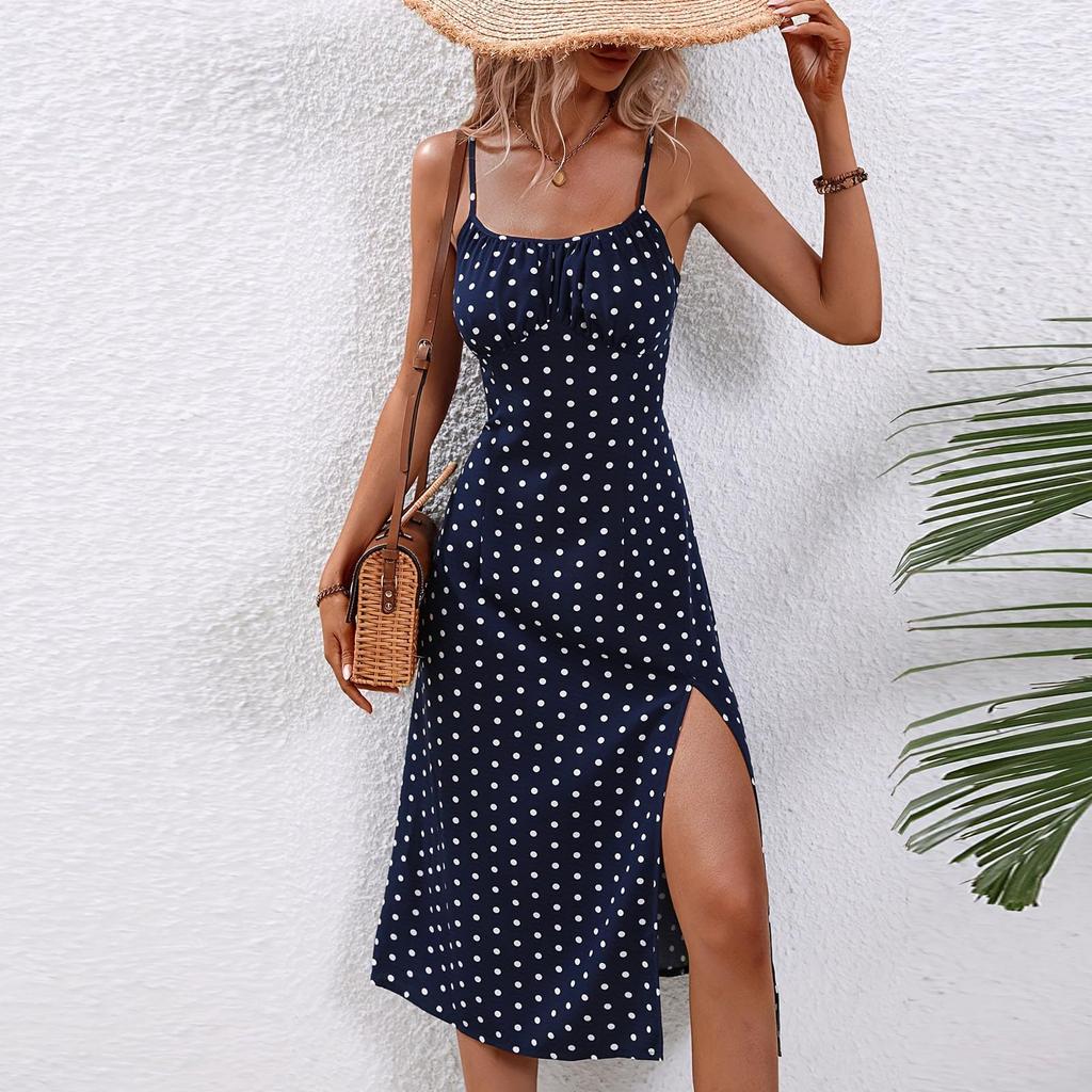 Summer Dresses for Women 2024 Casual Spaghetti Strap Sundresses Polka Dot Slim Fit Split Knee Length Boho Dress