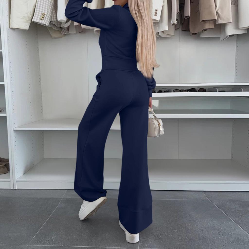 Modă Femei Casual Acasă Culoare Solidă Rever Mânecă Lungă Top Pantaloni Elastici cu Picior Larg Set Două Piese
