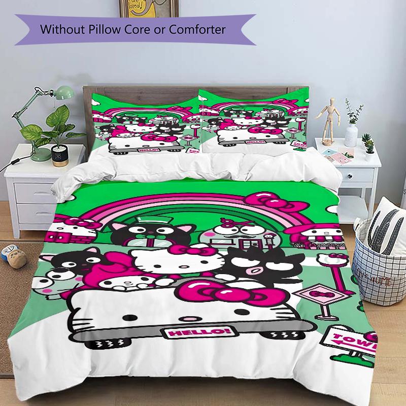 3pcs Under the Rainbow Hello Kitty and Friends Pattern Bedding Set, 1* Cover + 2*Pillowcases, Printed Bedding Set, Soft and Comfortable.S102