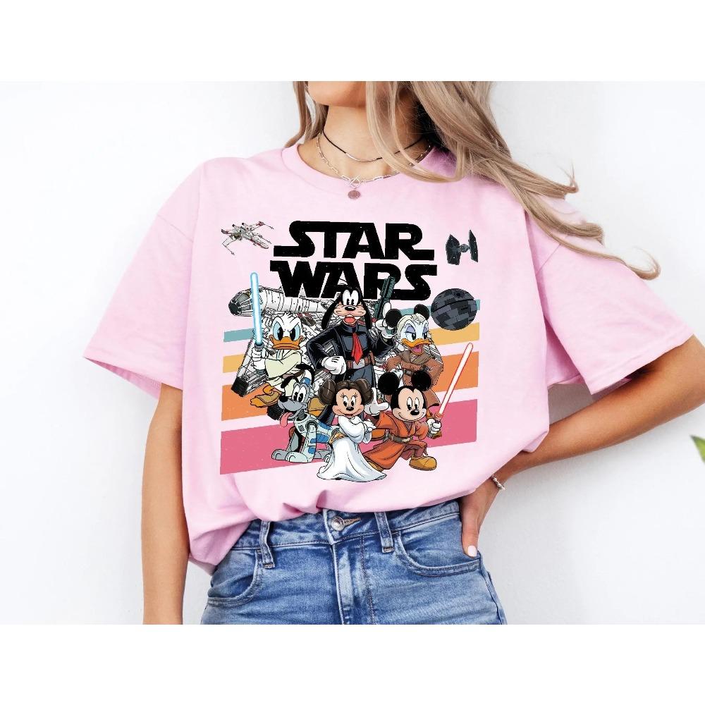 

Футболка-мікс персонажів Disney x Star Wars, Унісекс, Ретро, Науково-фантастичний, Мультяшний, Вуличний одяг, 100% Бавовна, Повсякденний, З коротким рукавом M чорний
