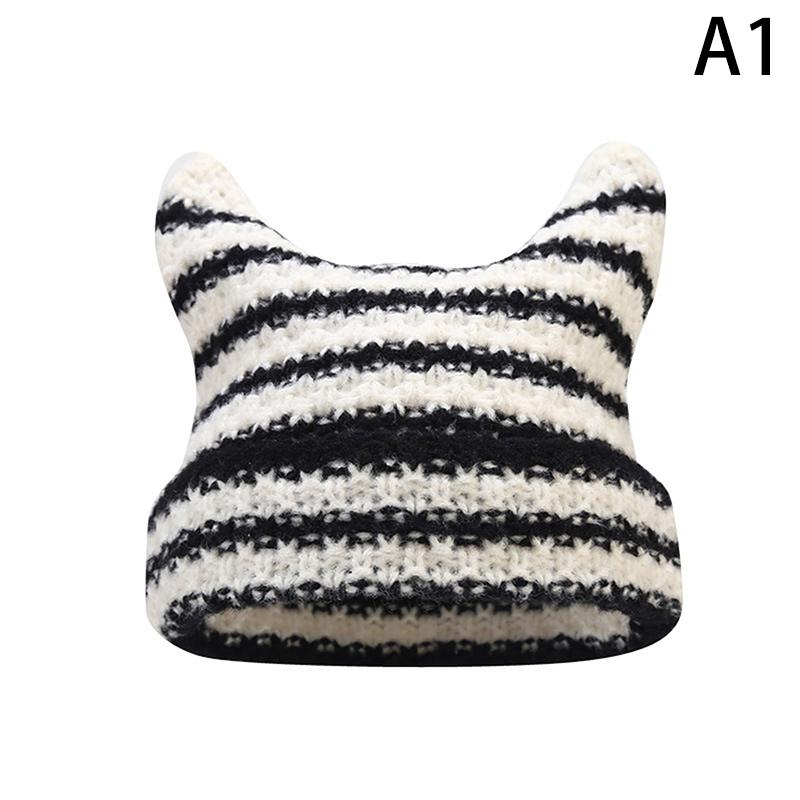 

Japanese Streetwear Harajuku Beanie Little Devil Striped Knitted Hat Women Girls Autumn Winter Cute Cat Ears Cap as the picture