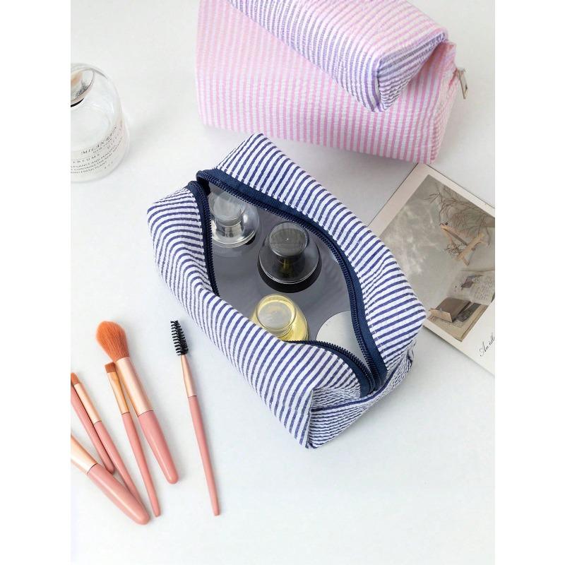 Striped Bubble Chiffon Zipper Clutch, Travel Toiletry Bag, Striped Cosmetic Bag