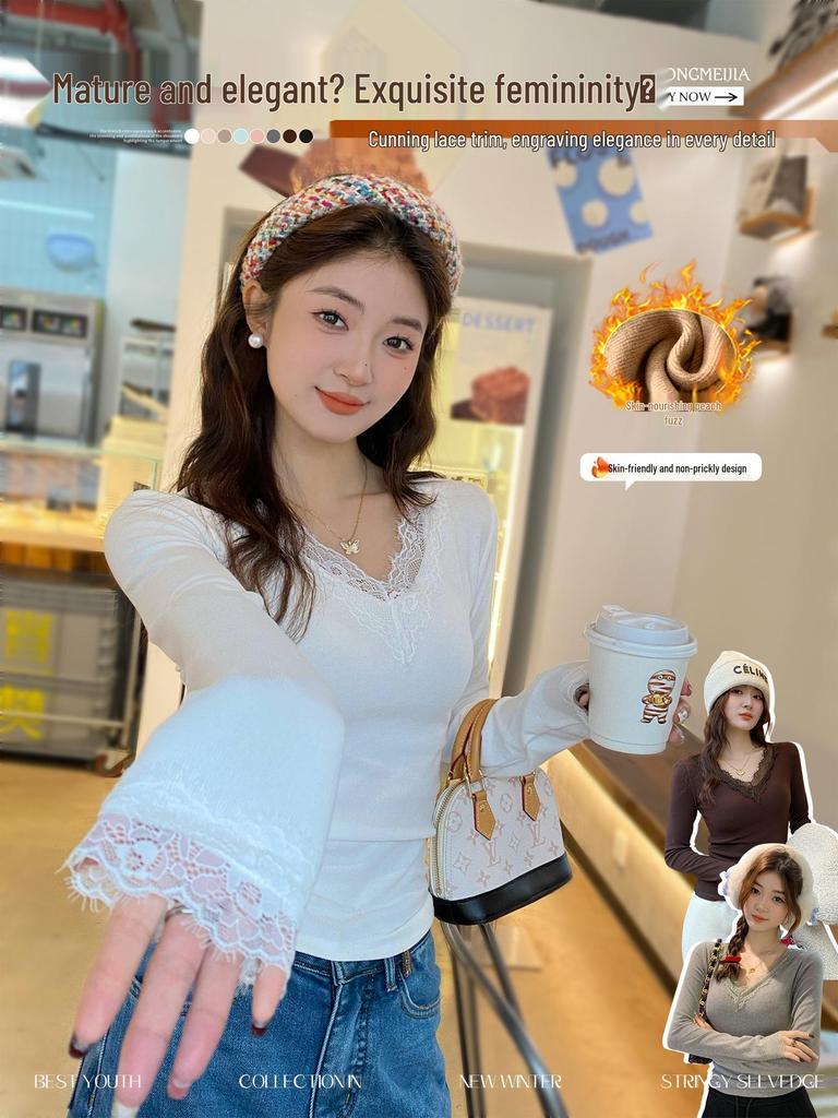 T-shirt à manches longues brossé à col en V pour femme, coupe slim, bordure en dentelle (Collection Automne Précoce 2025)