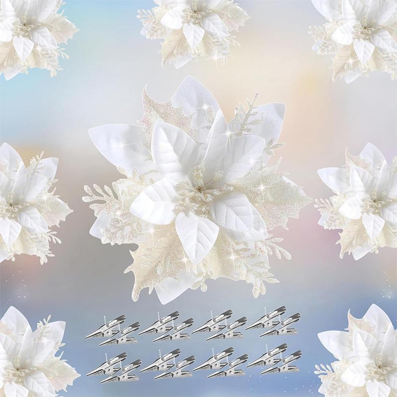 2/5Pcs 14cm Glitter Artifical Christmas Flowers Mreey Christmas Tree Decor Happy New Year Ornaments Xmas Fake Flowers Natal