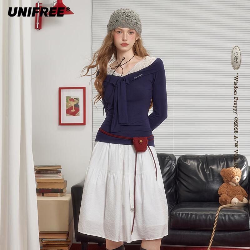 UNIFREE Lace Patchwork Off-Shoulder Long Sleeve T-Shirt One Size