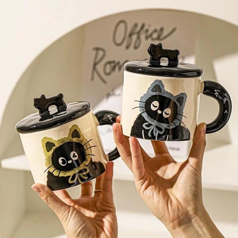 Roztomilý keramický hrnek s víčkem s kočkou, šálek na kávu, hrnek na pití, kancelářský dárek, praktický dárek k narozeninám