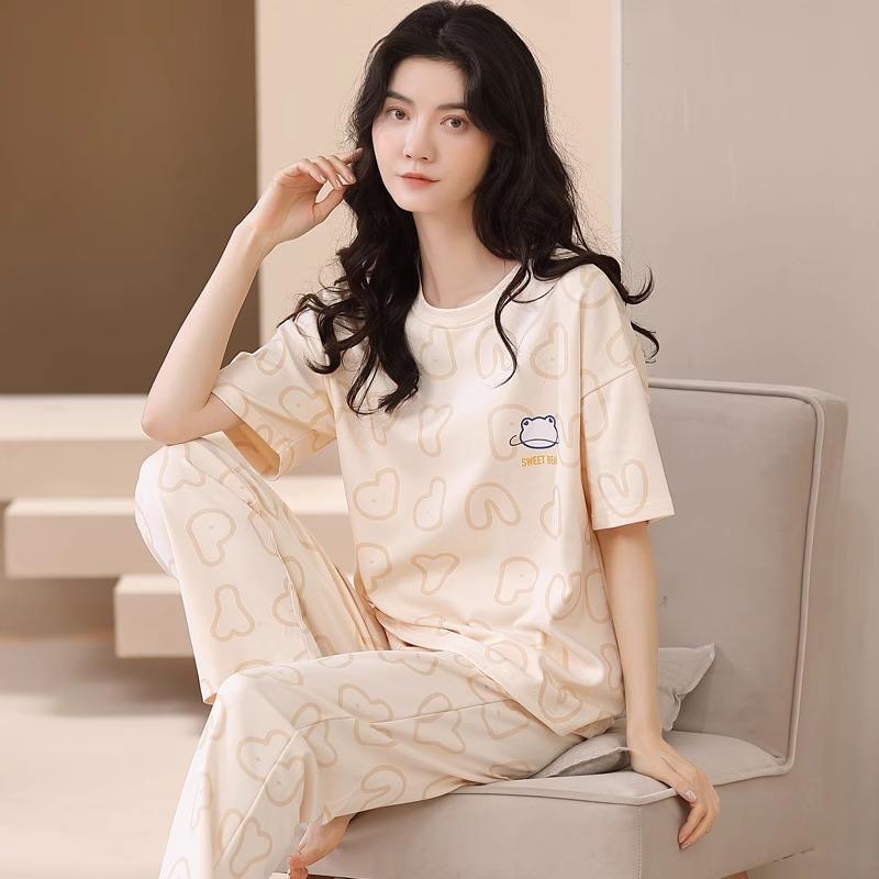 Spring and autumn summer pure cotton pajamas women's short-sleeved trousers round neck pullover cartoon bear imitation cotton women's loungewear suit