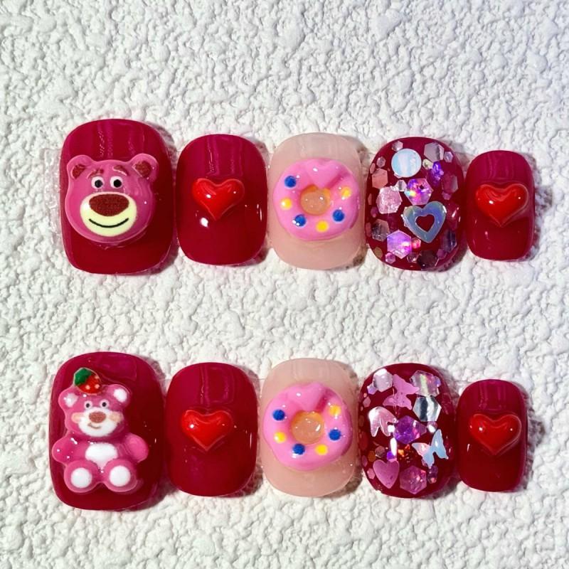 Removable Handmade Press-On Nails With 3D Floral Embossing Sakura Pink Strawberry Heart Square Shape AW1135