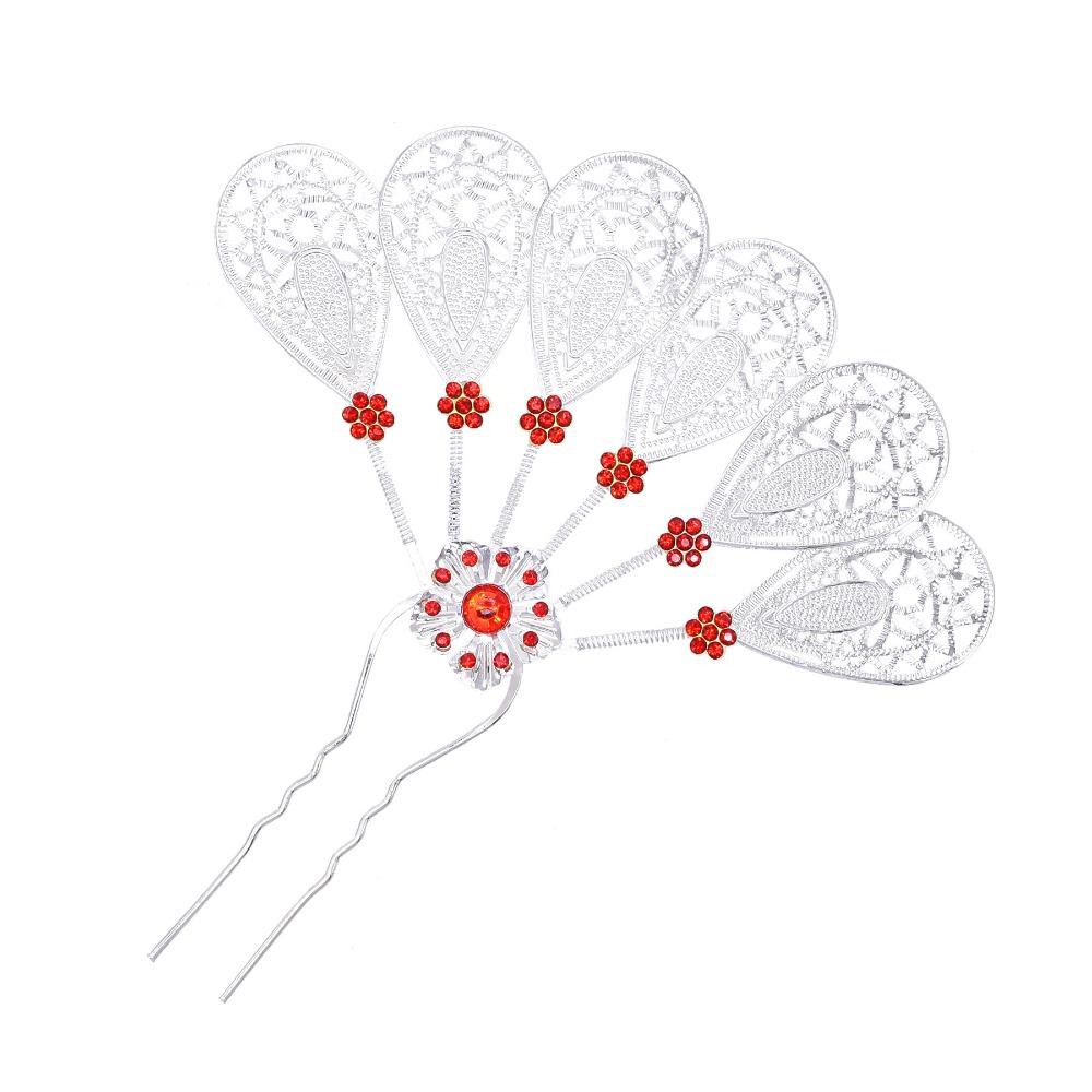 Metal Thai Style Leaf Hair Stick Crystal Ethnic Headdress Jewelry Traditional Silver B