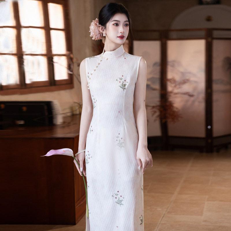 White sleeveless national style new Chinese daily Suzhou long cheongsam improved young 1011 new women's high sense