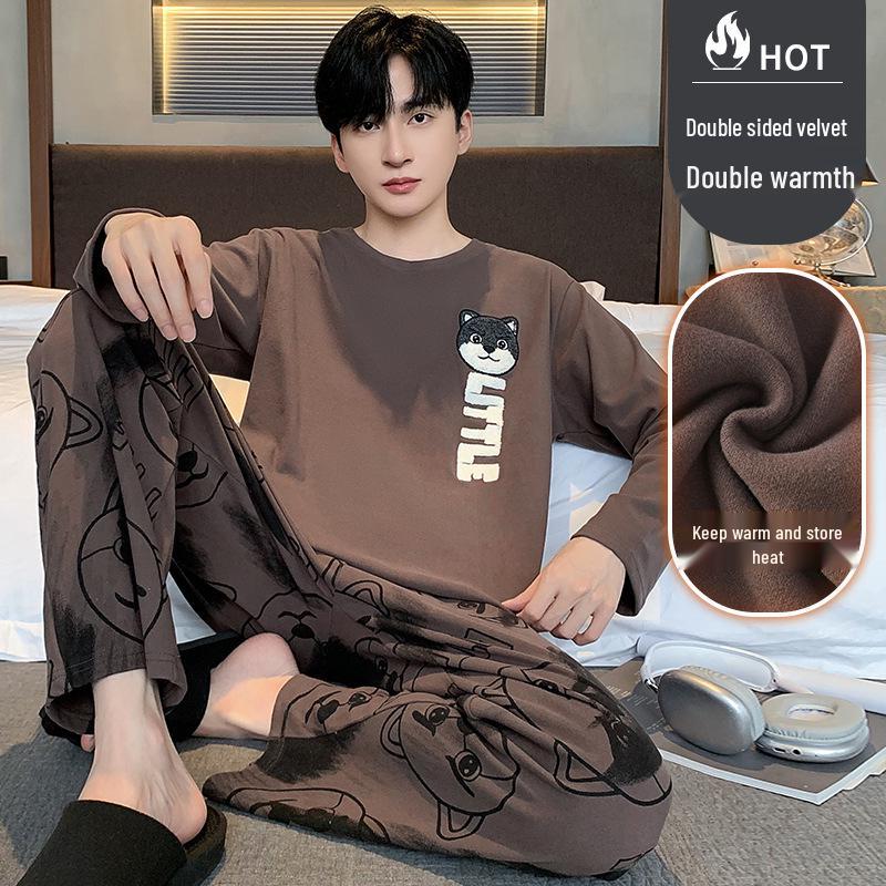 Men's Warm Velvet Pajamas - Casual Long-Sleeve Cartoon Print, Autumn/Winter, Loose Fit, Round Neck, Suitable for Teenagers and Children.