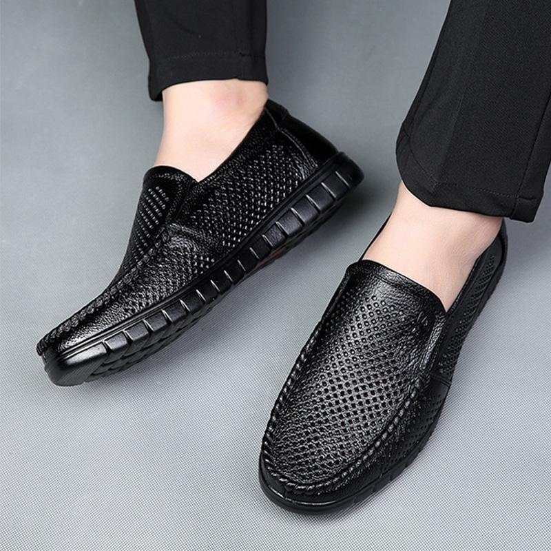 Summer Leather Shoes Mens Brand Shoes Breathable Slip On Casual Shoes Soft Comfortable Dress Shoes Black Yellow Plus Size 45