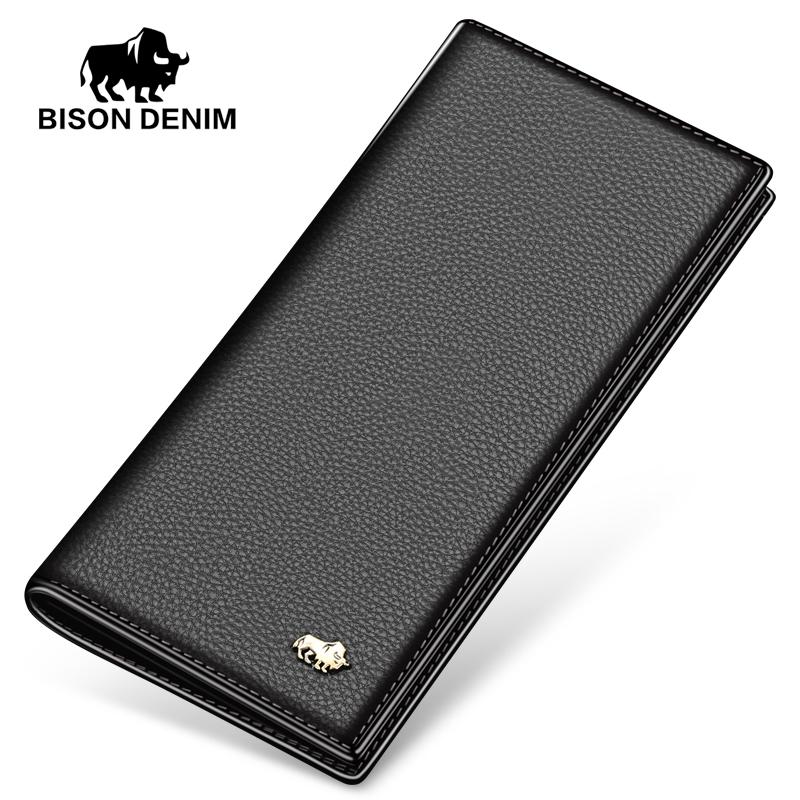 

BISON DENIM Роскошные мужские кошельки из натуральной кожи, длинные тонкие двойные кошельки с держателем для кредитных карт, кошелек-кошелек чёрный
