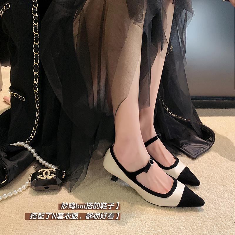 Cute woman~ kitten heel single shoes 2025 autumn high heels new women's shoes one-word buckle pointed OL commuter women's shoes