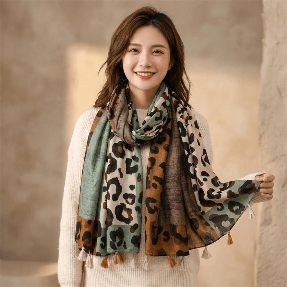 Color Block Leopard Print Scarf Tassel Neck Scarf Retro Shawl Women
