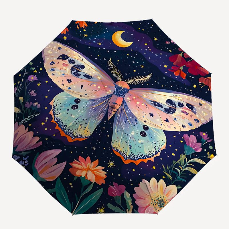 Butterfly,Night Garden Automatic Folding umbrella Compact 8 rib Design,Unique Style,Suitable for Everyday Outdoor Use,Perfect Gift for