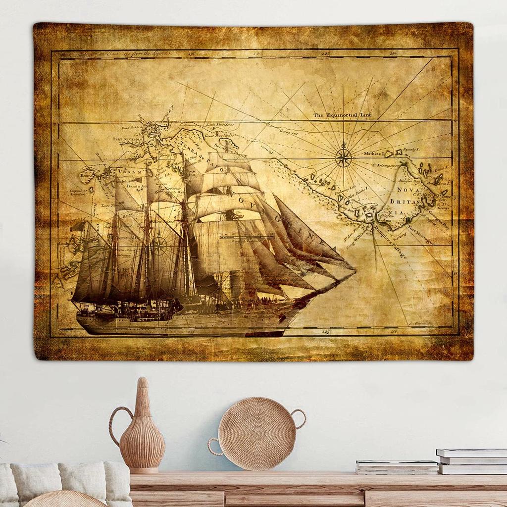 Old World Map Tapestry for Bedroom, Vintage Nautical Maps of the World Art Tapestries Wall , Brown Pirate Treasure Map  Blanket