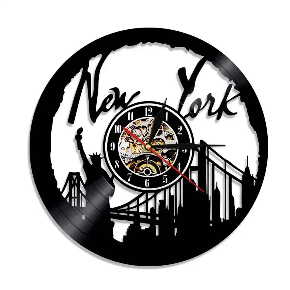 

New York Cityscape Vintage Vinyl Record Wall Clock Skyline Statue of Liberty Silent Wall Art Watch USA Travel Gift SouveniO2C8A4