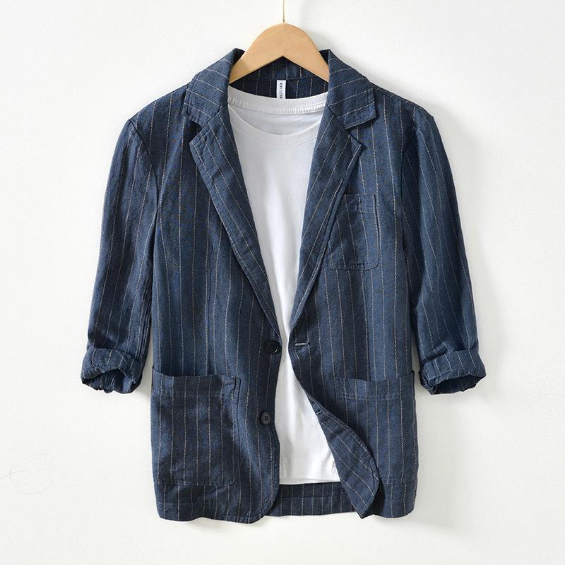 Summer Men's Suits&blazers Japanese Retro Style Stripes Cotton Linen Three Quarter Sleeve Blazer Jacket Slim Fit Casual Jacket