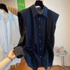 Women's Black Sleeveless Shirt Collar Blouse Drawstring Ruched Loose Casual Top