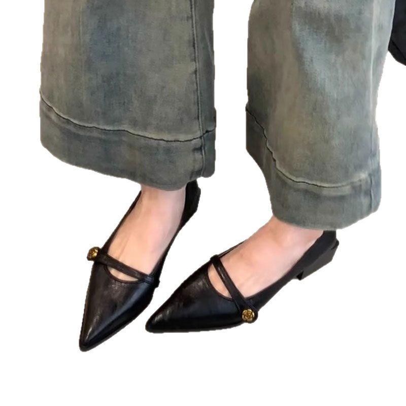 Spring Women's Retro Pointed Toe Women's Mary Jane Shoes Fashion Casual Thick-heeled Shoes