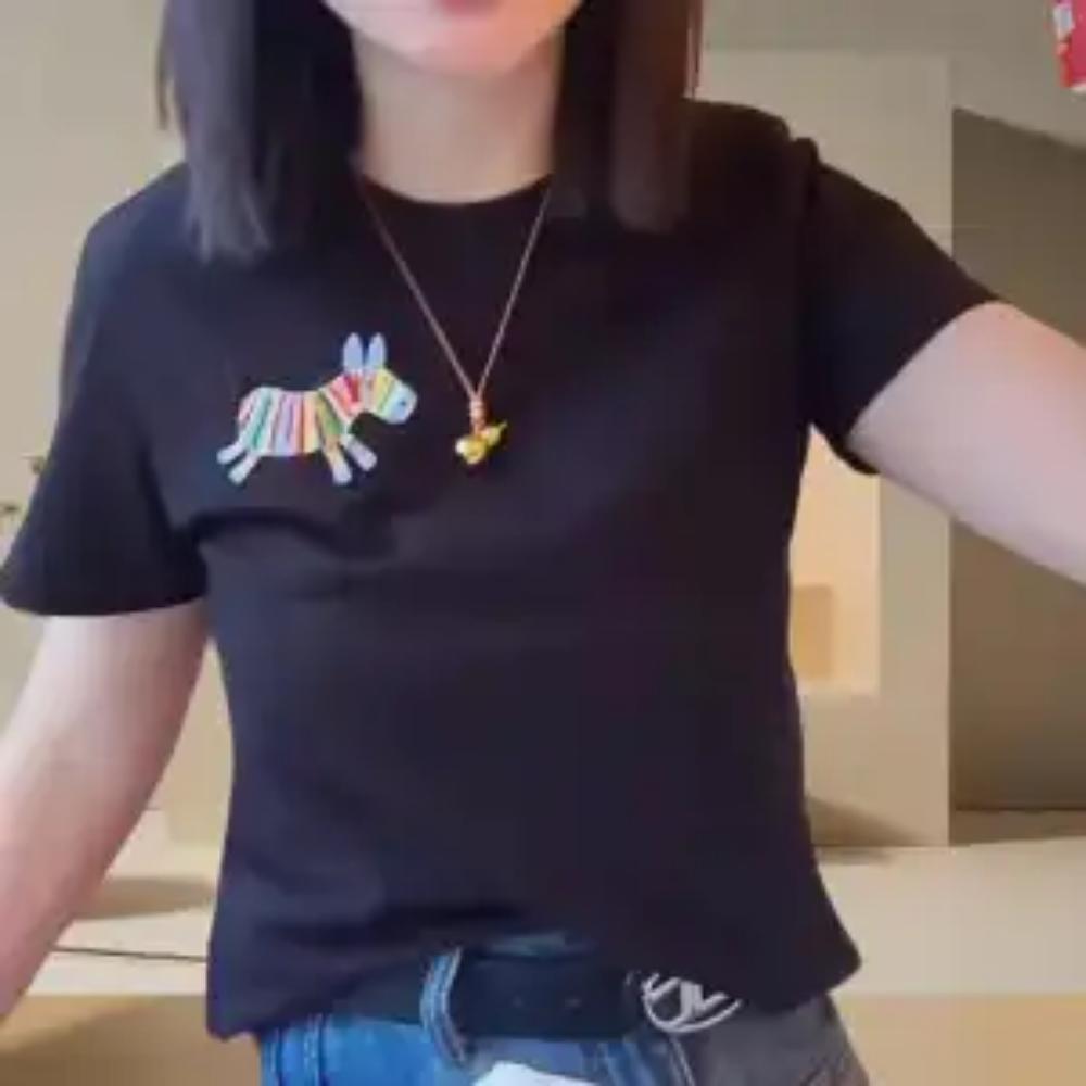 

Весенняя футболка с коротким рукавом из чистого хлопка с вышивкой пони для женщин Простая и модная Универсальная приталенная с круглым вырезом XXXL чёрный