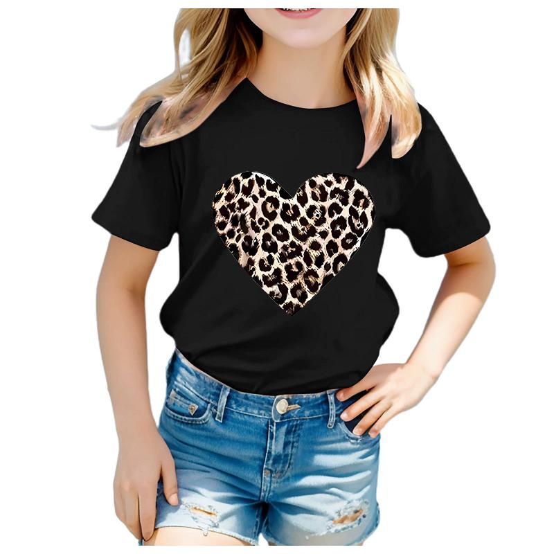 Girls RoundNeck ShortSleeved TShirt Leopard Print Heart Print Modal Fabric Casual Kids Top In Assorted Sizes Modal Fabric