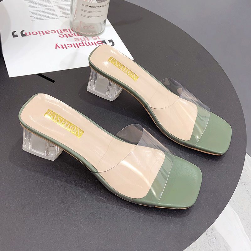 2025 New Summer Fashion High Heel Outer Wear Coarse Heel Medium Heel Soft Leather Transparent Crystal and Cool Slippers Outdoor Half Slippers